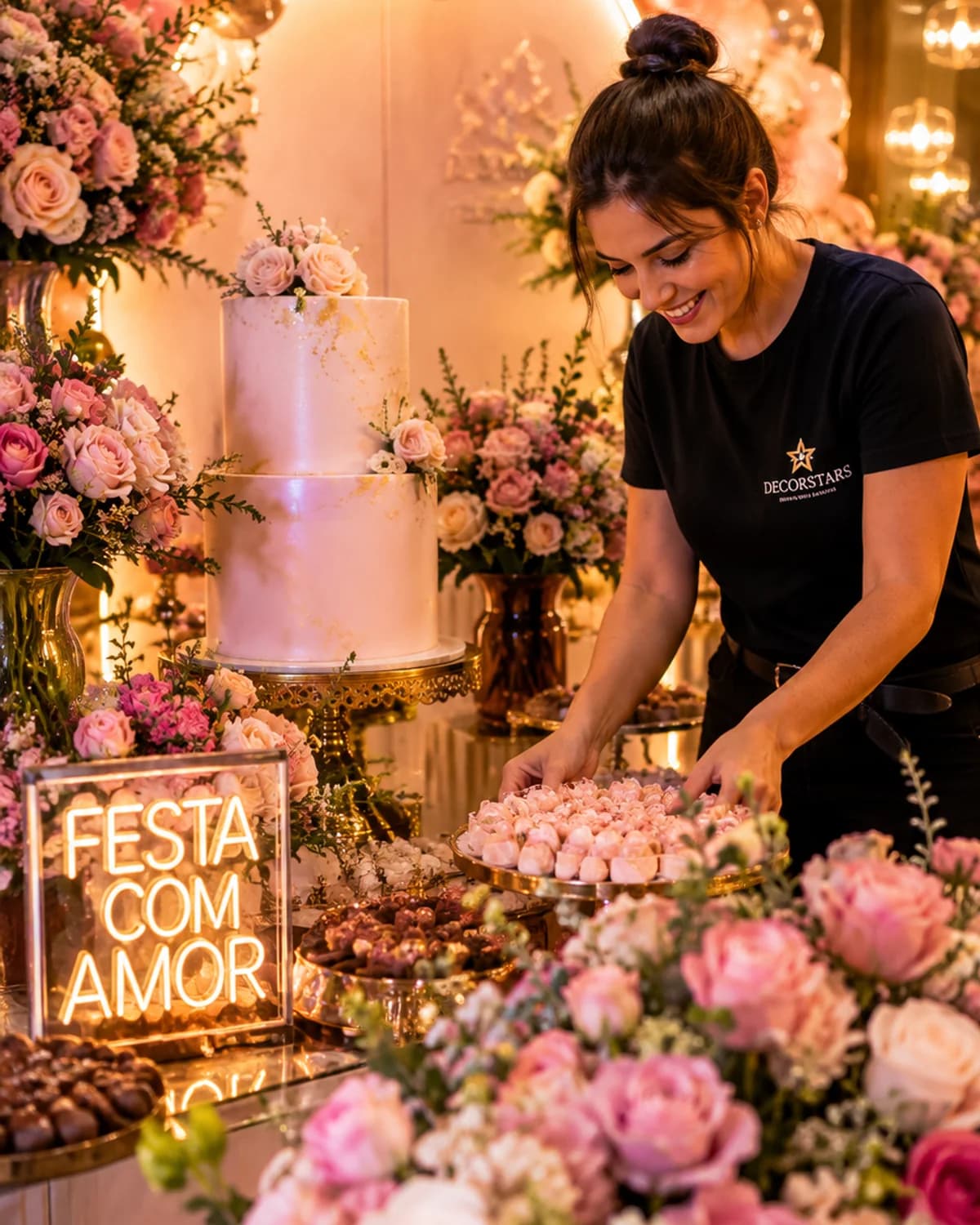 Decoradora da DecorStars, de camiseta da marca, ajustando os doces na mesa de festa em tons de rosa e dourado, ao lado do bolo e do letreiro luminoso “Festa com amor”